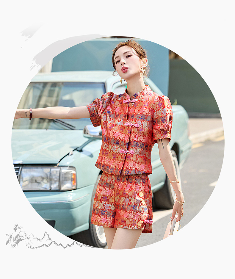 Bộ quần áo nữ mùa hè 2025 áo khoác jacquard quần short hai mảnh phong cách tân cổ điển — Màu xanh lục nhạt, Màu xanh lam, Màu đỏ chi tiết 22