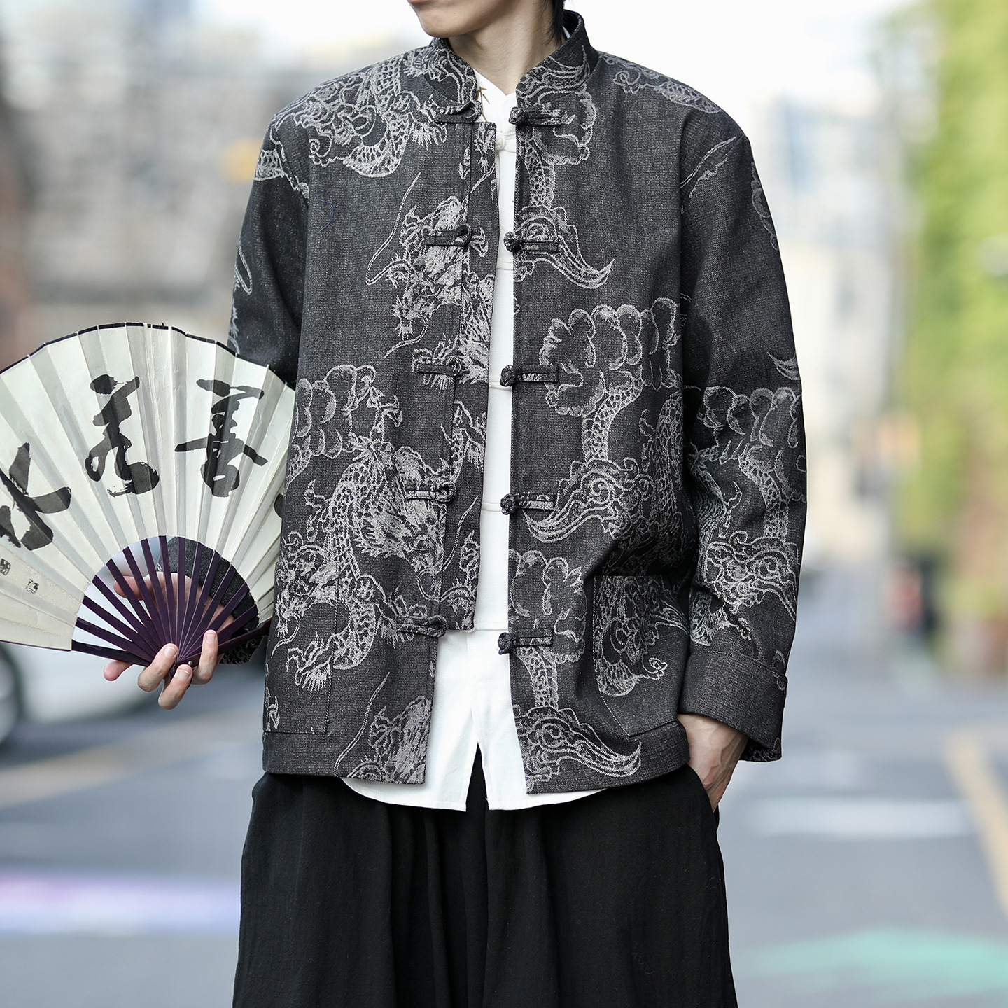25 Autumn and Winter New Amazon Large Size Fashionable Men's Dragon Pattern Denim Han Dynasty Cross-Border Buckle Men's Chinese Tang Suit