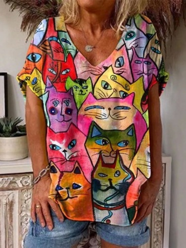 V-neck casual loose print T-shirt for women