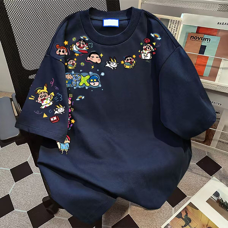 ヘビーウェイトピュアコットン半袖Tシャツカップルスタイルインサマーカジュアルトレンディブランド漫画アニメーションプリントルーズトップ男性と女性用|undefined