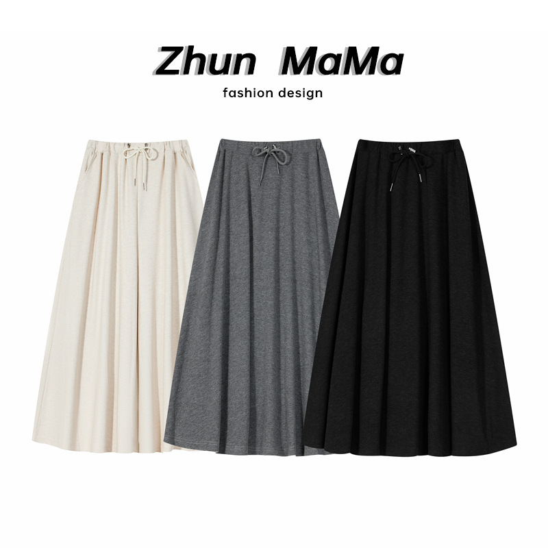 Maternity Spring and Autumn Mochi Cotton Drawstring Dress with Integrated Belly Support, Mid-Length Korean Style Slimming Dress, Suitable for Postpartum Wear, Artistic Retro Style