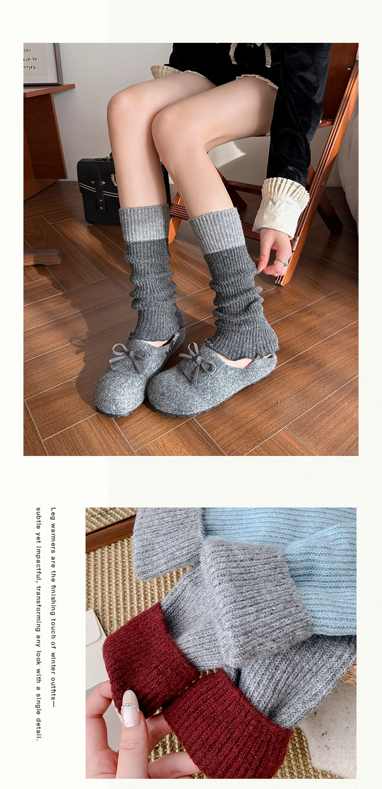 Leg Warmers Bootshang Cotton Pile Socks For Women Contrast Color Knitted Wool Leg Warmers Autumn And Winter Thickened Warm Stitching Gray Calf Socks_voghion.com