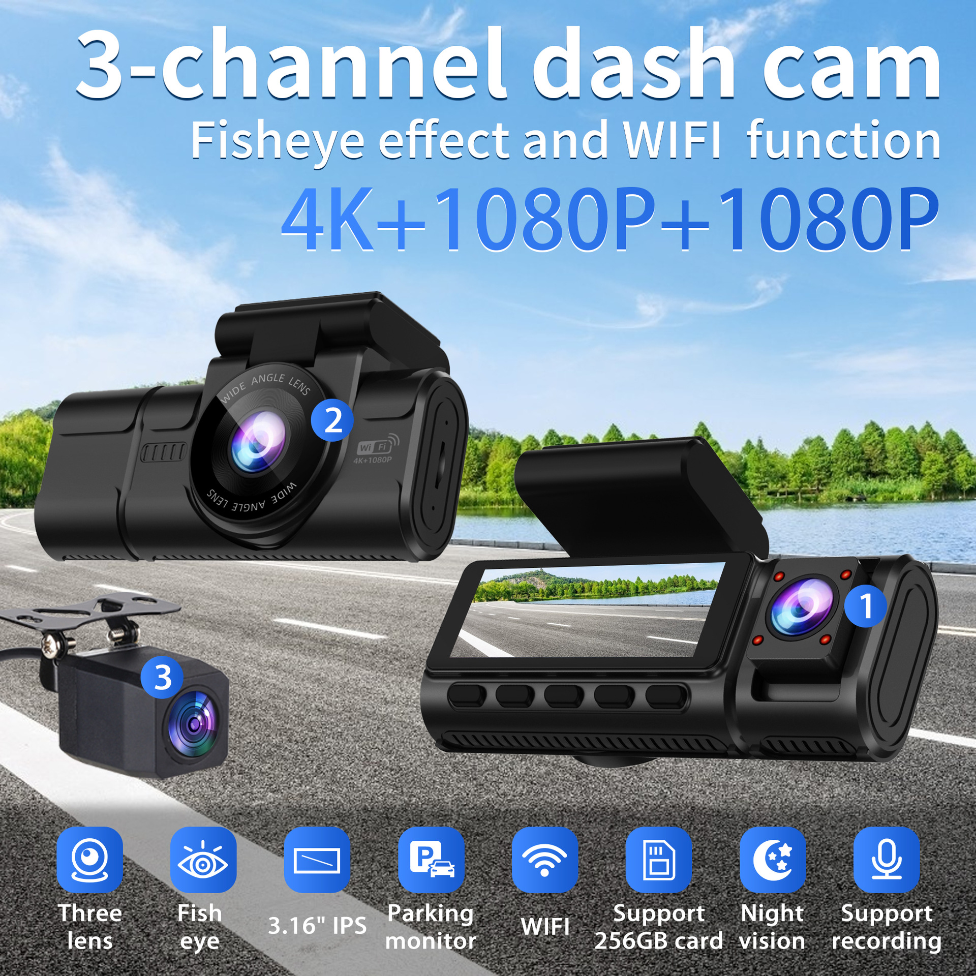 4K Ultra Hd Three Lens Driving Recorder Super Night Vision Wifi In-Car 180 ° Fish Eye 4K+1K+1K