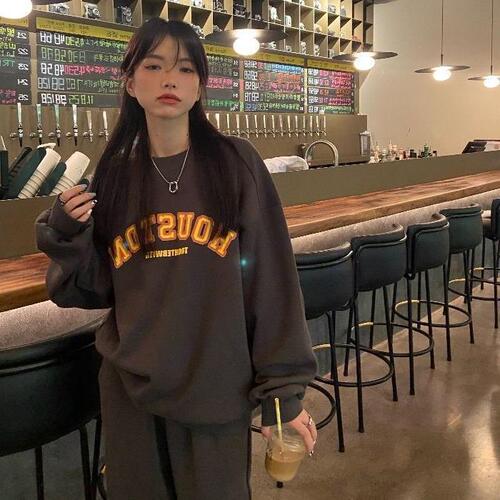 Lazy style fashionable casual sportswear suit for women's autumn loose sweater coat for sweatpants, leg tight pants, two-piece set