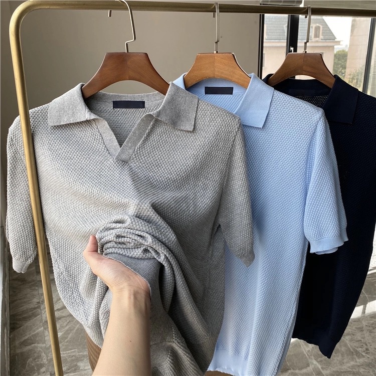 2025 primavera y verano nuevo estilo americano estilo perezoso suéter de punto ligero para hombre, camisa POLO de manga corta con solapa guapa