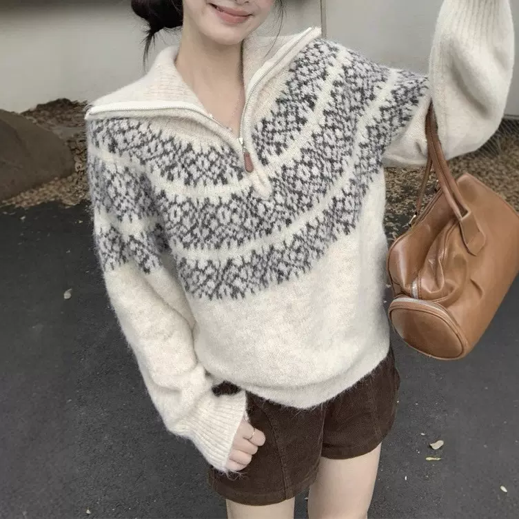 费尔岛复古半拉链翻领针织套衫秋冬新款时尚百搭气质毛衣上衣女