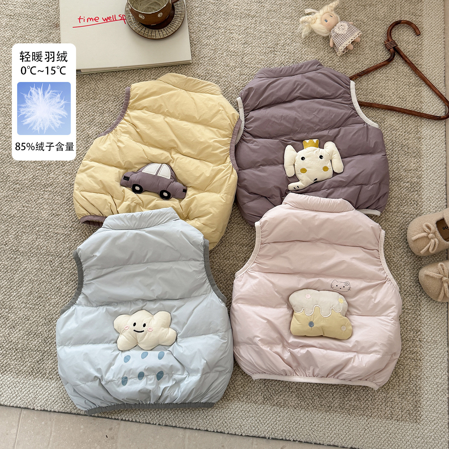 Baby girl's 90% white duck down warm vest for autumn and winter, cartoon down vest for young girls, lightweight and suitable for outerwear