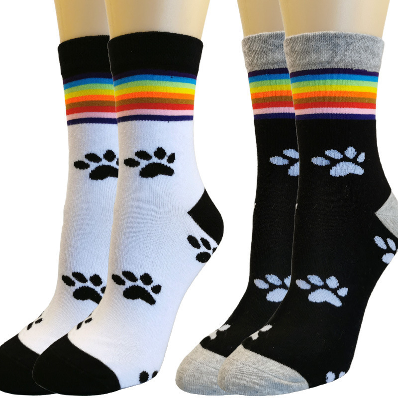Cross-Border Supply Casual Socks, Trendy Mid-Calf Socks, Cute and Fun Socks, Footprints, Cat Claw Socks, Rainbow Socks, Cotton Socks, Women's Socks