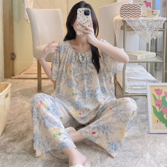 パジャマ女の春の夏の綿布の新しい家の服は国風の女性の半袖のエアコンの部屋の綿布のスーツの薄い服を着ることができます。