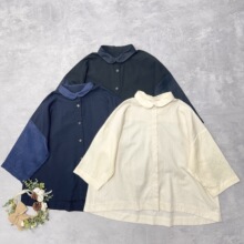 日系外贸单 棉麻拼色翻领七分袖衬衫