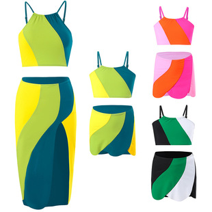New European and American three-piece swimsuit women's skirt 2024 nylon color matching split European and American swimsuit manufacturers in stock wholesale