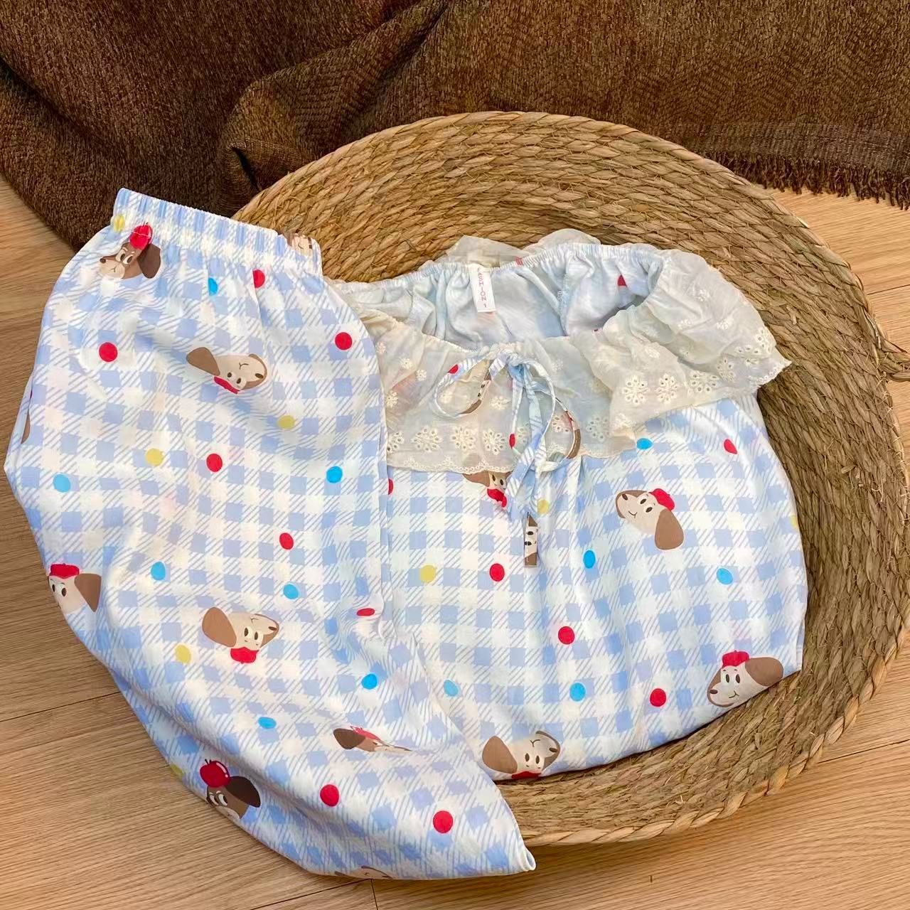 Al por mayor transfronterizo explosión con cojín de pecho primavera y otoño dulce nubes algodón pantalones de manga larga pijamas de niñas estudiantes set de ropa para el hogar