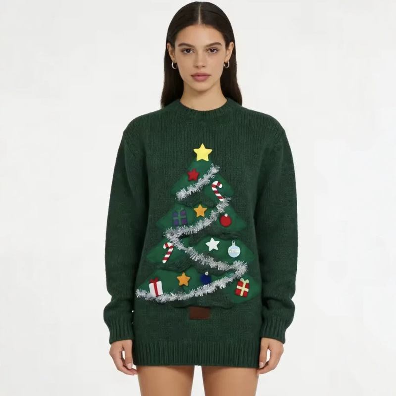 Forest Green Christmas Sweater for Women with 3D Appliqué Christmas Tree Knit Sweater Wholesale OEM Factory Custom Pullover