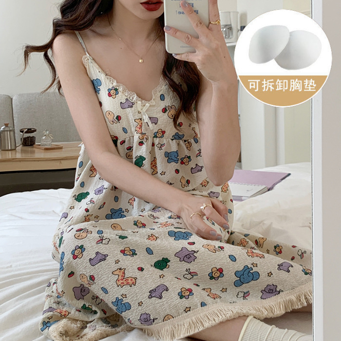 Pijama de mujer de verano dulce chaleco de cinturón de pecho tejido de algodón espuma tela arrugada pijama de mujer de verano vestido lindo