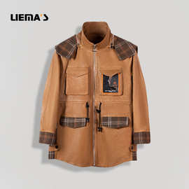 定制秋冬海宁真皮皮衣女中长款羊皮拼接羊绒连帽脱卸宽松外套