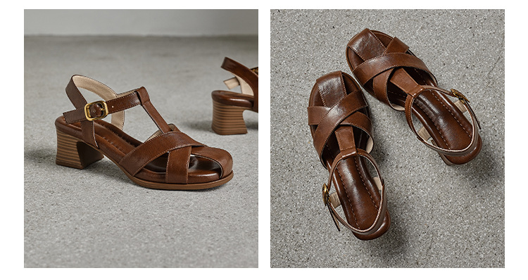 Sandal nữ cao gót quai T dệt kiểu La Mã cổ điển — màu nâu chi tiết 15