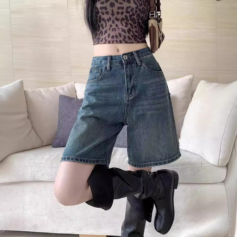 Vintage Denim Shorts Women's Summer 2024 New High Waist Loose Slimming All-match Pants Wide Leg Straight Leg Pants