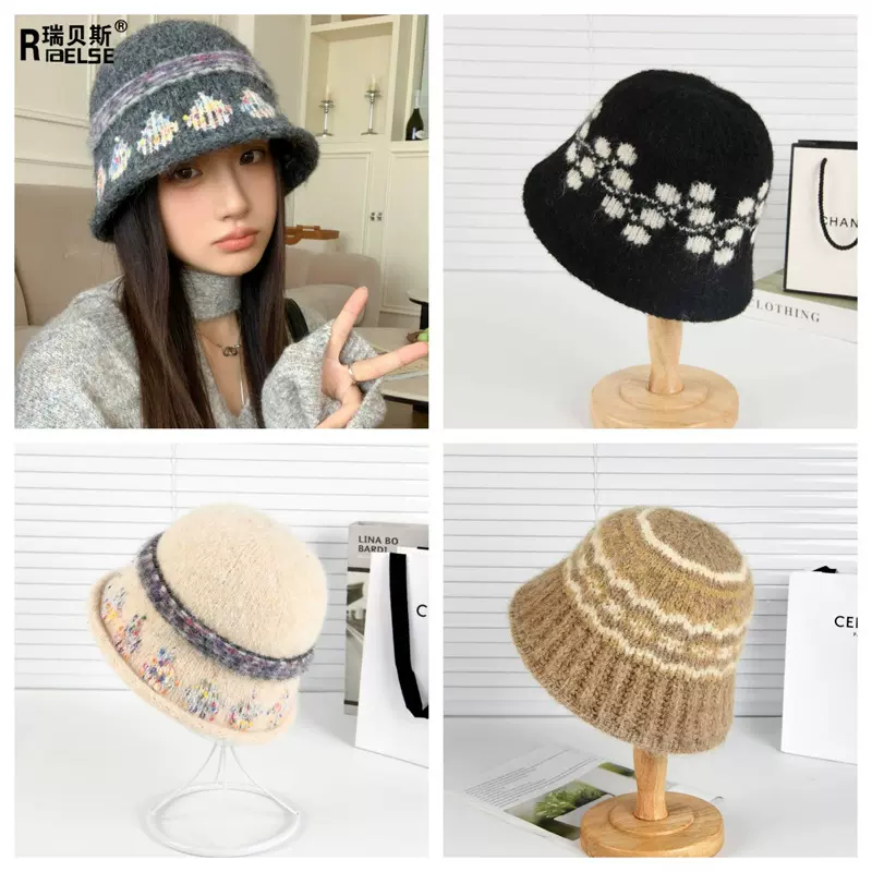 费尔岛风提花水桶帽女秋冬新款保暖防寒卷边渔夫帽百搭显脸小盆帽