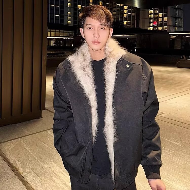 New Winter Large Fur Collar Imitation Mink Jacket for Men, Stylish Stand Collar Thickened Oxford Warm Quilted Cotton Coat