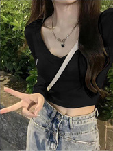 设计感短款长袖T恤女春秋内搭V领打底小衫韩版外穿紧身辣妹上衣服