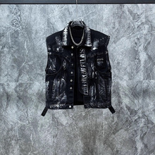 型男潮男/新款小众美式做旧复古牛仔马甲套装潮牌帅气破洞设计感