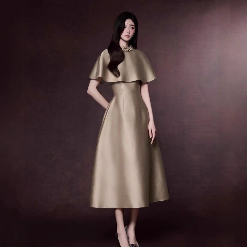 In-Stock Elegant Cape Satin Dress with Vietnamese Niche Design, High-End Feel, Long Gown 50384 In-Stock Elegant Cape Satin Dress with Vietnamese Niche Design, High-End Feel, Long Gown 50384