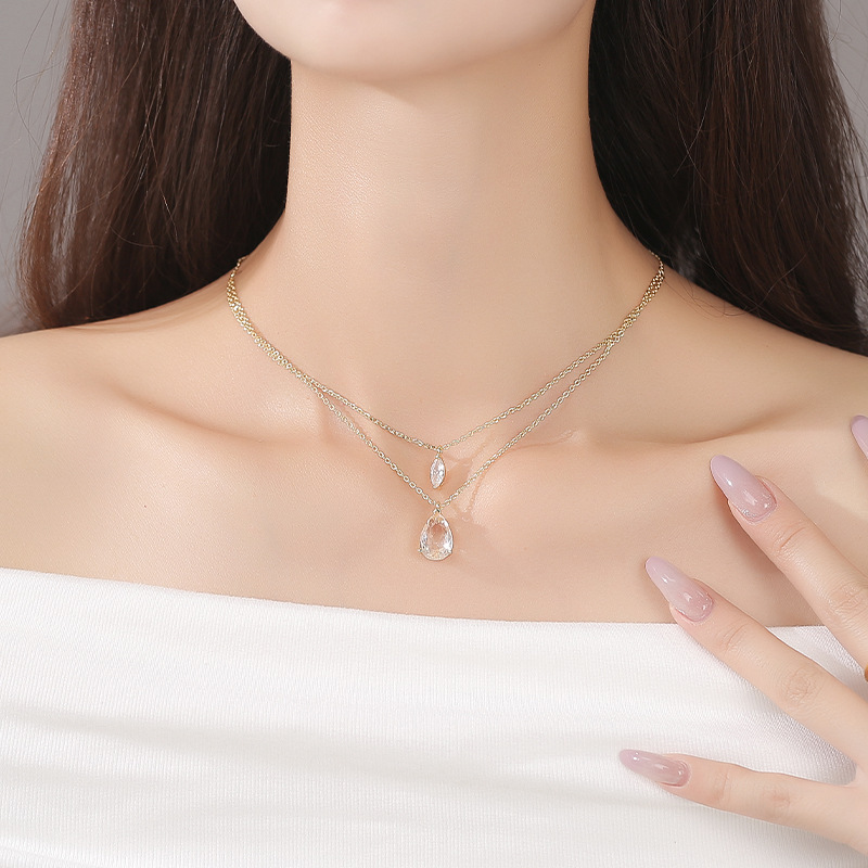 Sparkling Crystal Teardrop Necklace For Women Double Layer Chain_voghion.com