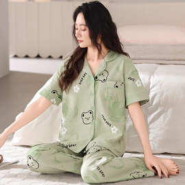 睡衣女夏季仿棉短袖长裤可爱2025新款春秋款薄款可外穿家居服套装