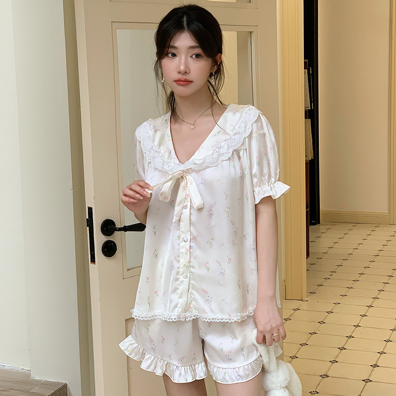 法式睡衣女士短袖短裤甜美公主风色丁套装夏季睡衣家居服可外穿|undefined