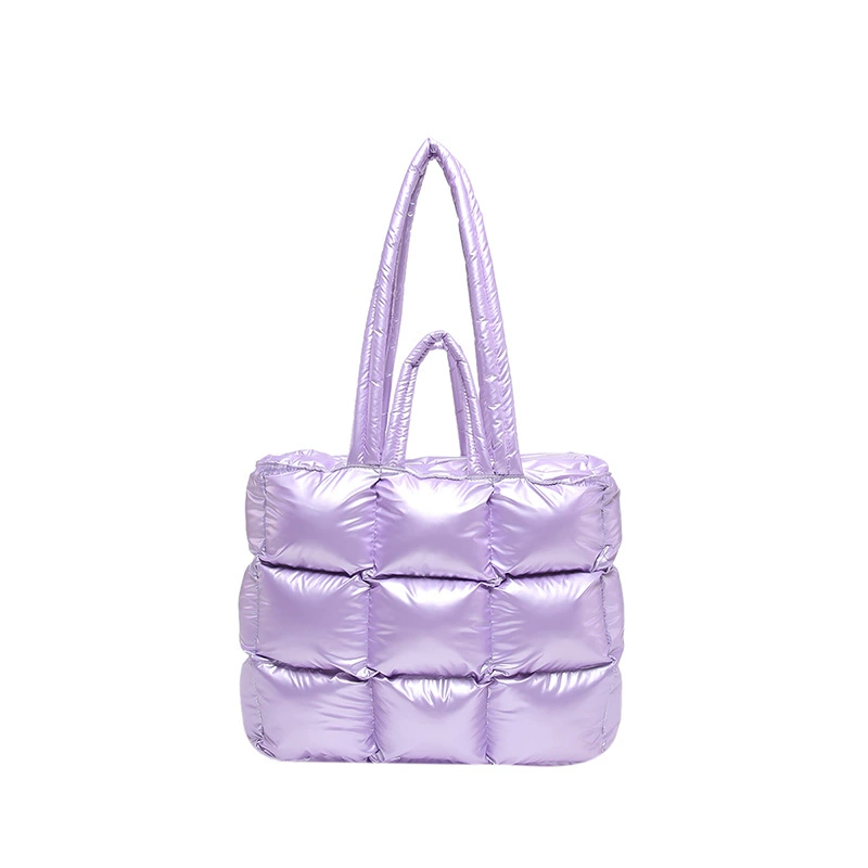 Glossy nylon quilted handheld shoulder bag with down