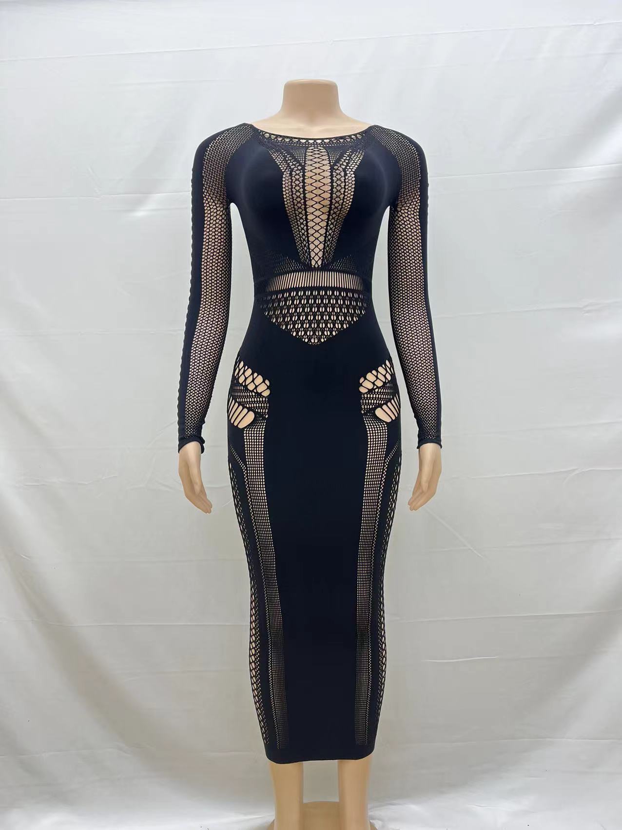 Solid Color round Neck Sexy Slim Hollow Out Cutout Long Sleeve One Piece Knitted Long Sheath One Step Jumpsuit