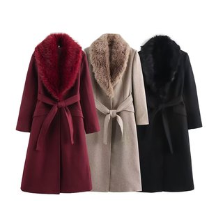 Cross-border European and American fashion lace-up fur collar long sleeve tweed coat coat 2025 spring and autumn new F610976