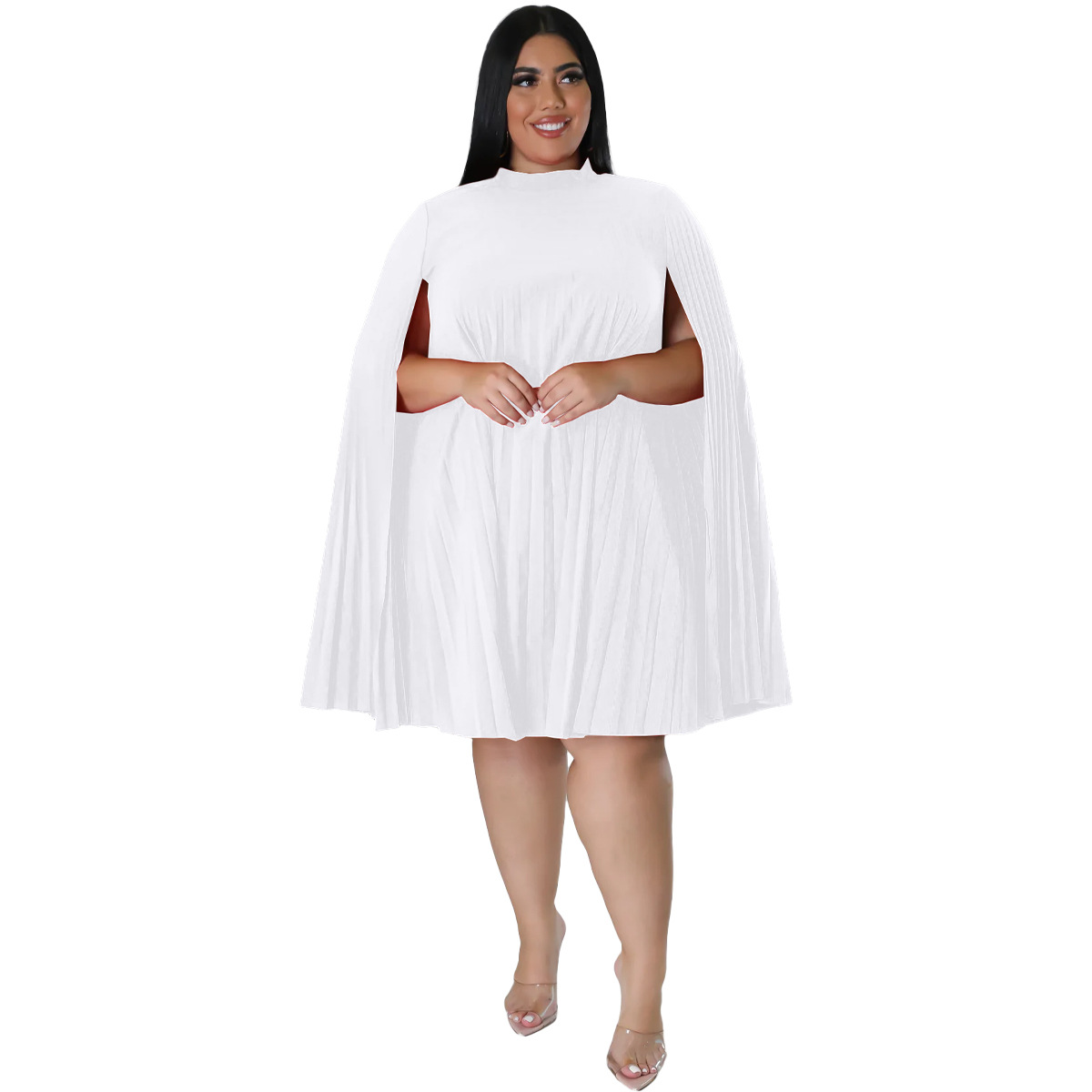 Fashion Solid Color Round Neck Long Sleeve Patchwork Polyester Plus Size Knee-Length Pleated Skirt