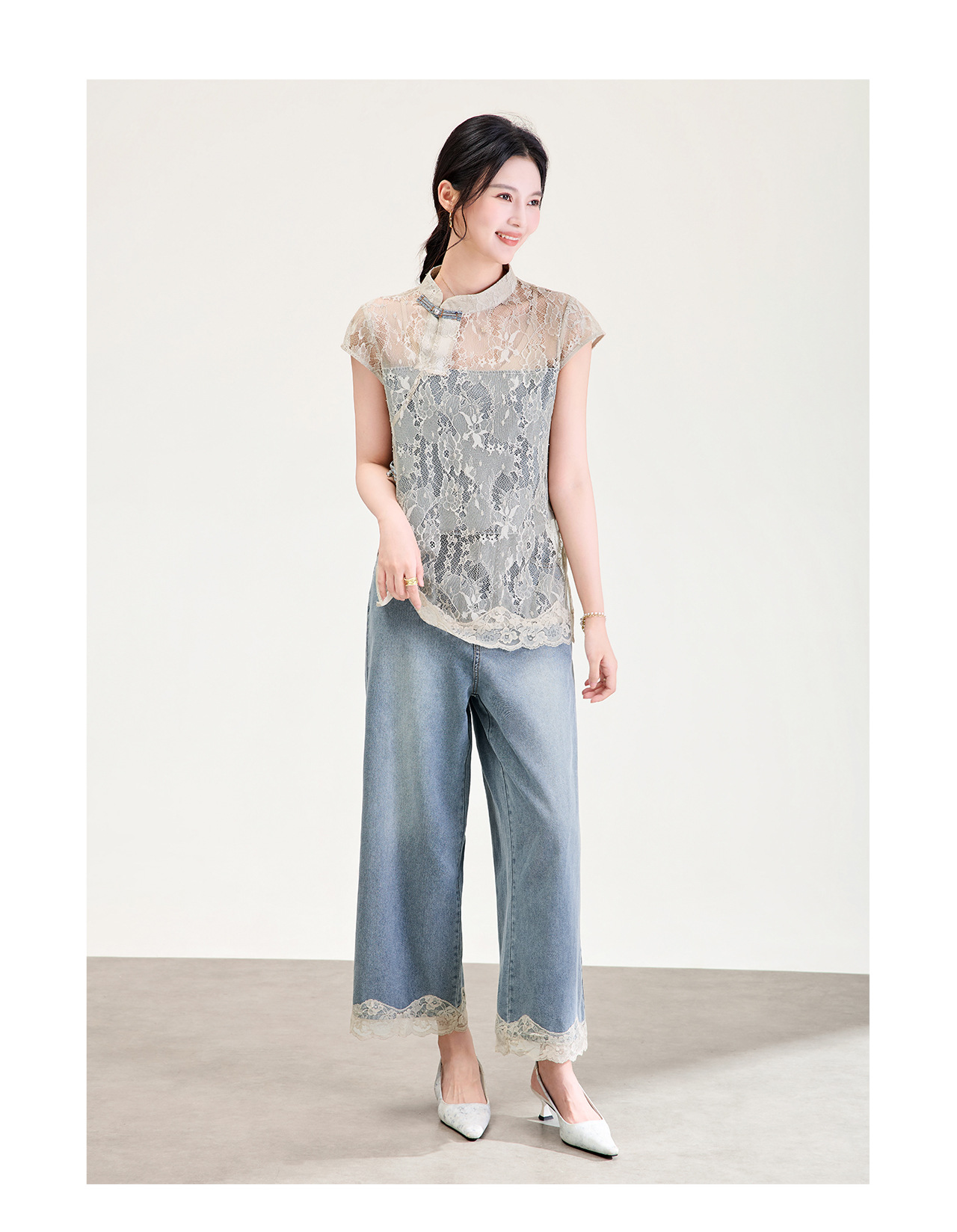 Bộ áo ren phối quần jeans nữ phong cách Trung Hoa mùa hè — màu kaki chi tiết 12