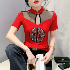中国风旗袍改良盘扣上衣女复古绣花网纱拼接短袖t恤夏装紧身小衫
