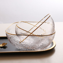 玻璃厂家定制锤木纹金边玻璃碗水果沙拉碗 透明不规则水晶玻璃碗
