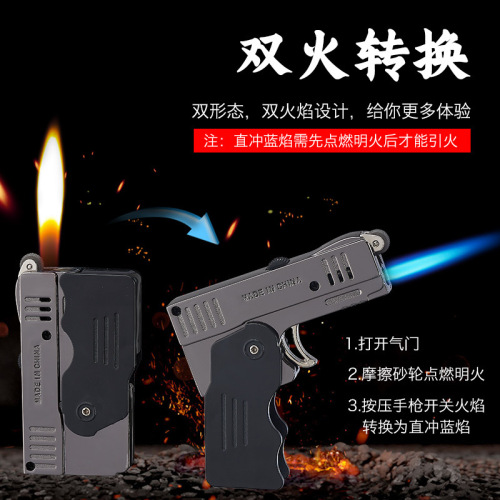 Internet celebrity deformed pistol double flame open flame straight into one lighter inflatable blue flame lighter M902