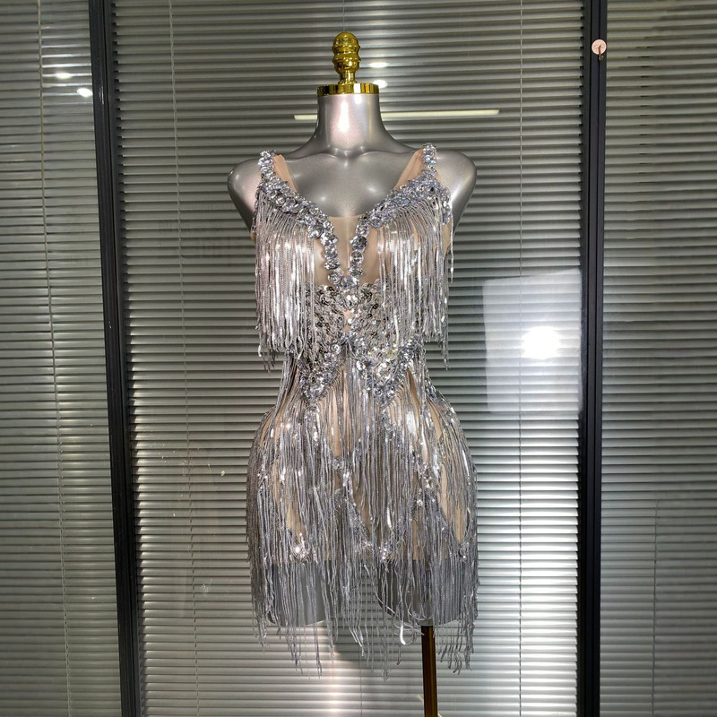 Cross-Border Rhinestone Tassel See-Through Dress Birthday Celebration Stage Performance Singer Short Dress Party Performance Outfit