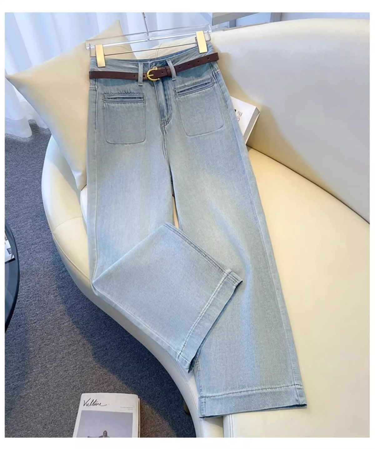 Jean wide leg femme taille haute en denim bleu clair_voghion.com