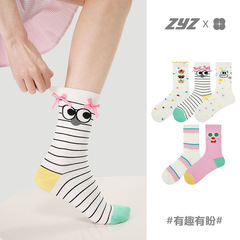 Original Renaissance Women's Socks Spring Cute Girl Wind Middle Calf Butterfly Bow Teddy Bear Fine Combed Cotton Student Socks for Girls