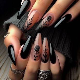 WM-233 Night Rose False Nail Long T Spice Girls Black Pattern Branches and Leaves 24 Pieces Wearing Nail Pieces Wholesale