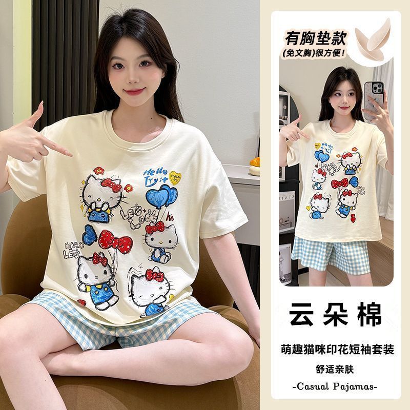 Venta al por mayor transfronteriza KT gato con almohadilla para el pecho pijamas mujeres verano manga corta traje de servicio a domicilio coreano lindo algodón nube