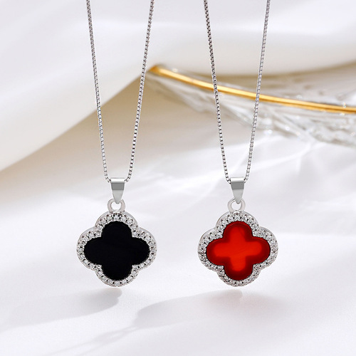 s925 silver agate four-leaf clover pendant Korean chic women's temperament four-leaf clover necklace clavicle chain fashion jewelry