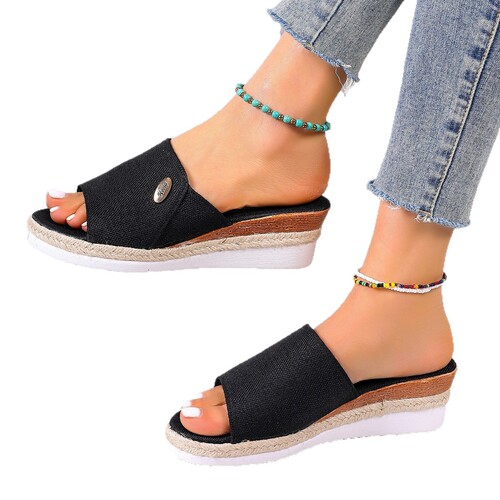 Summer New Fabric Wedge Slippers, Plus-Size Thick-Soled Jute Strap Sandals, Women's Wholesale European and American Style Flip-Flops