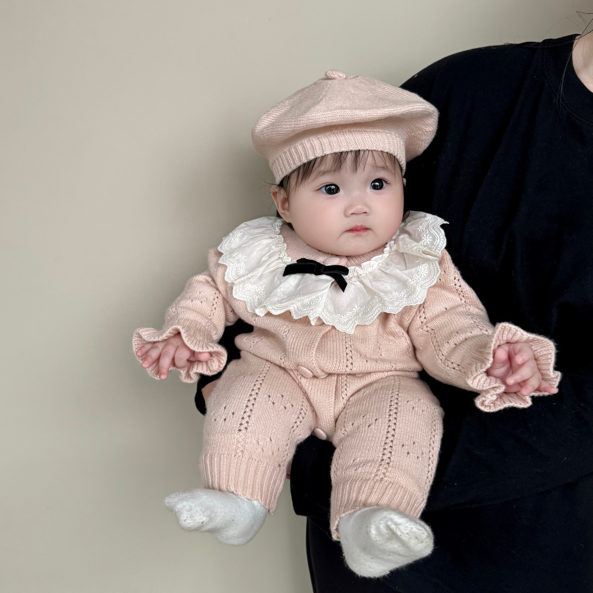 Baby Girl Autumn and Winter Doll Collar Knitted Romper Sweet Jumpsuit Infant Fashionable Long-Sleeved Romper with Hat