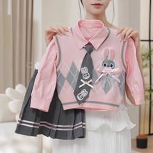 女童三件套2025秋款兔子警官JK制服套装儿童针织马甲衬衫半裙套装