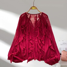 仙女上衣2025新款法式氛围感多层边衬衫薄款透视套头雪纺开衫