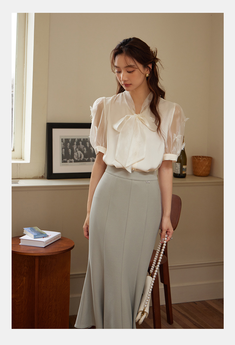 起范 夏款气质轻熟风蝴蝶结衬衫女短袖小众设计钉珠法式衬衣82302 pic 7