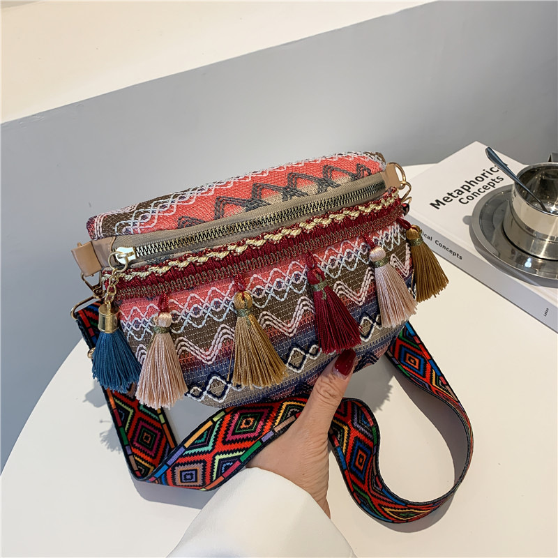 Venda quente pequeno peito perfumado tecido estilo étnico cor contrastante borla nova fita cintura bolsa crossbody tendência_voghion.com