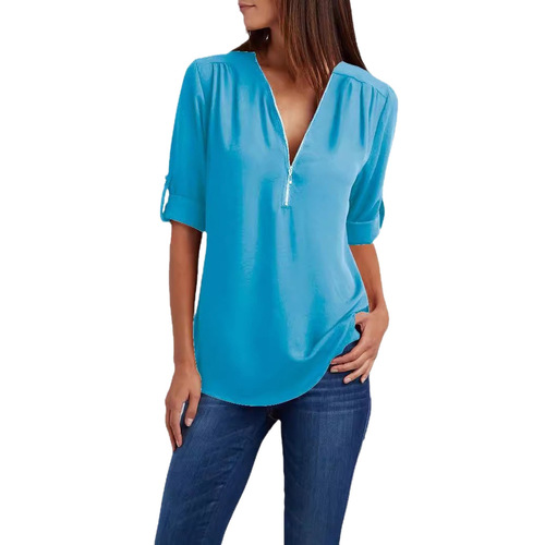  European and American shirts V-neck zipper large size women's clothes long-sleeved roll-up sleeves loose chiffon shirts Europe and America